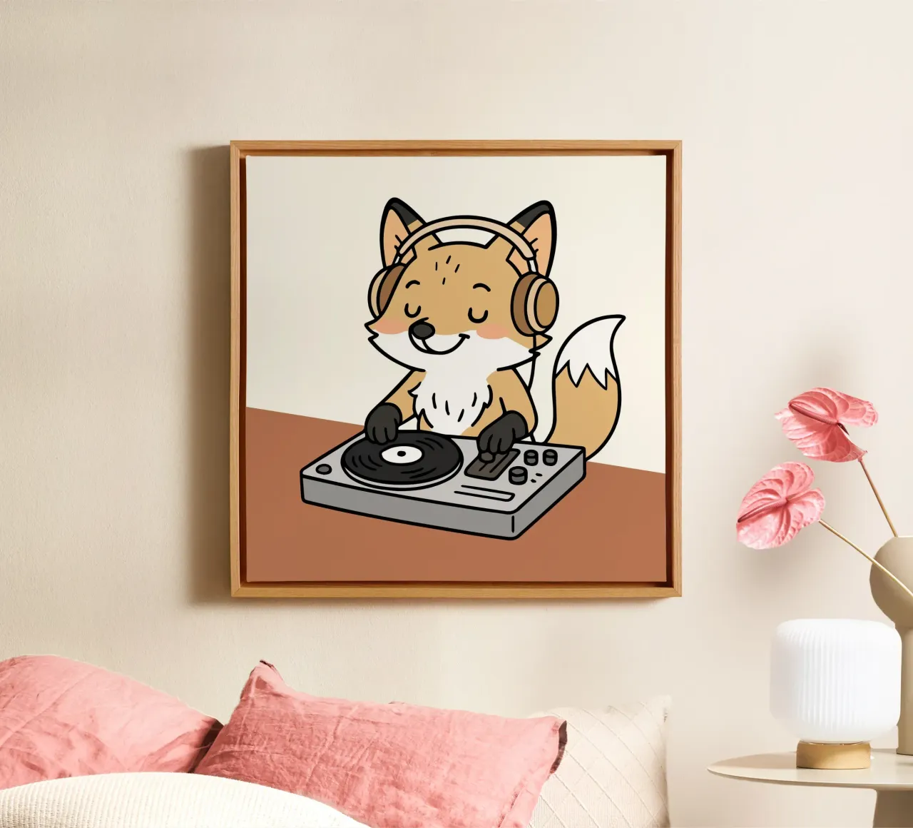 Un zorro como DJ con auriculares en la mesa de mezclas lienzo de namosh