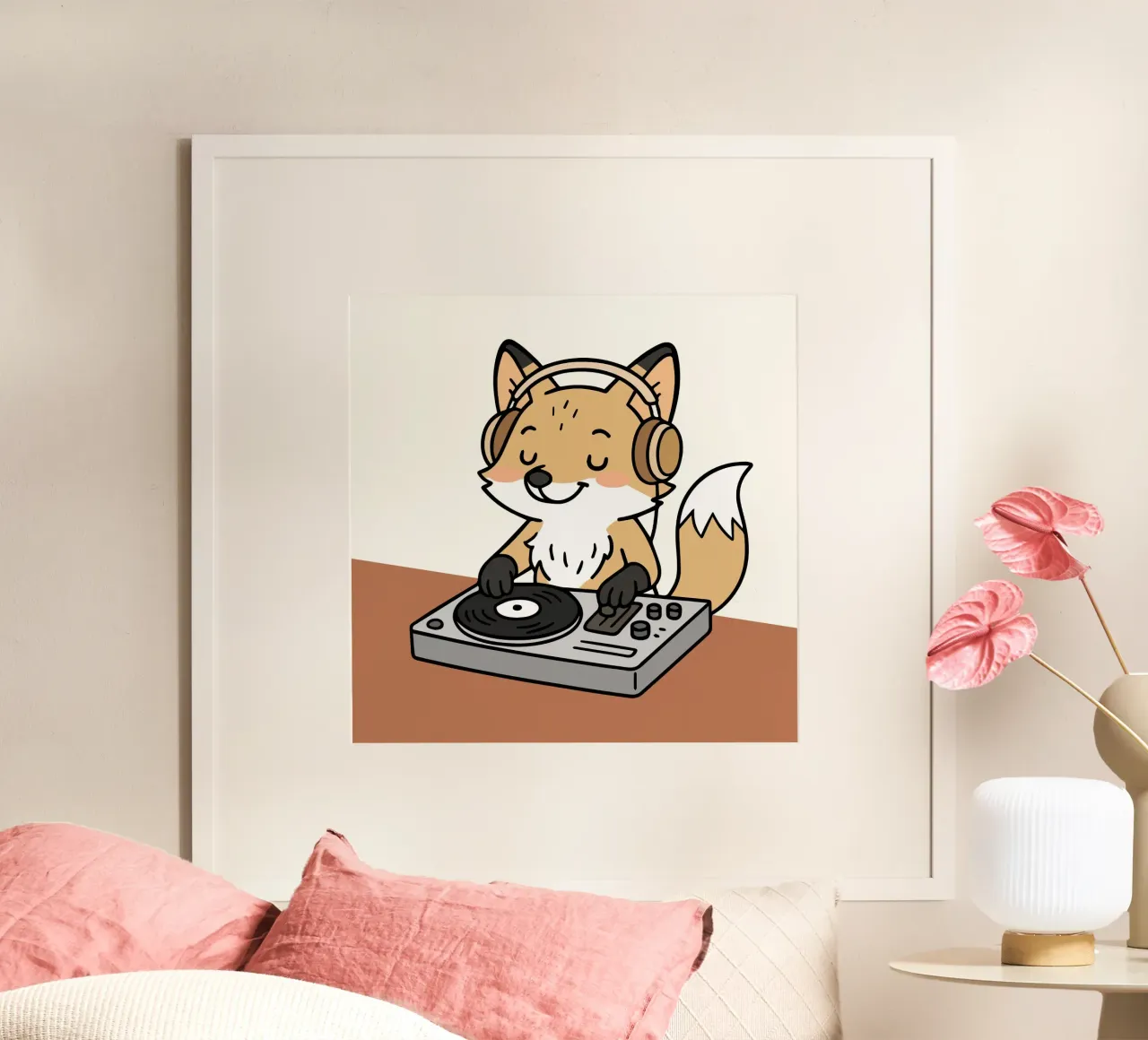 Una volpe come DJ con le cuffie sul banco di mixaggio carta hahnemühle da namosh