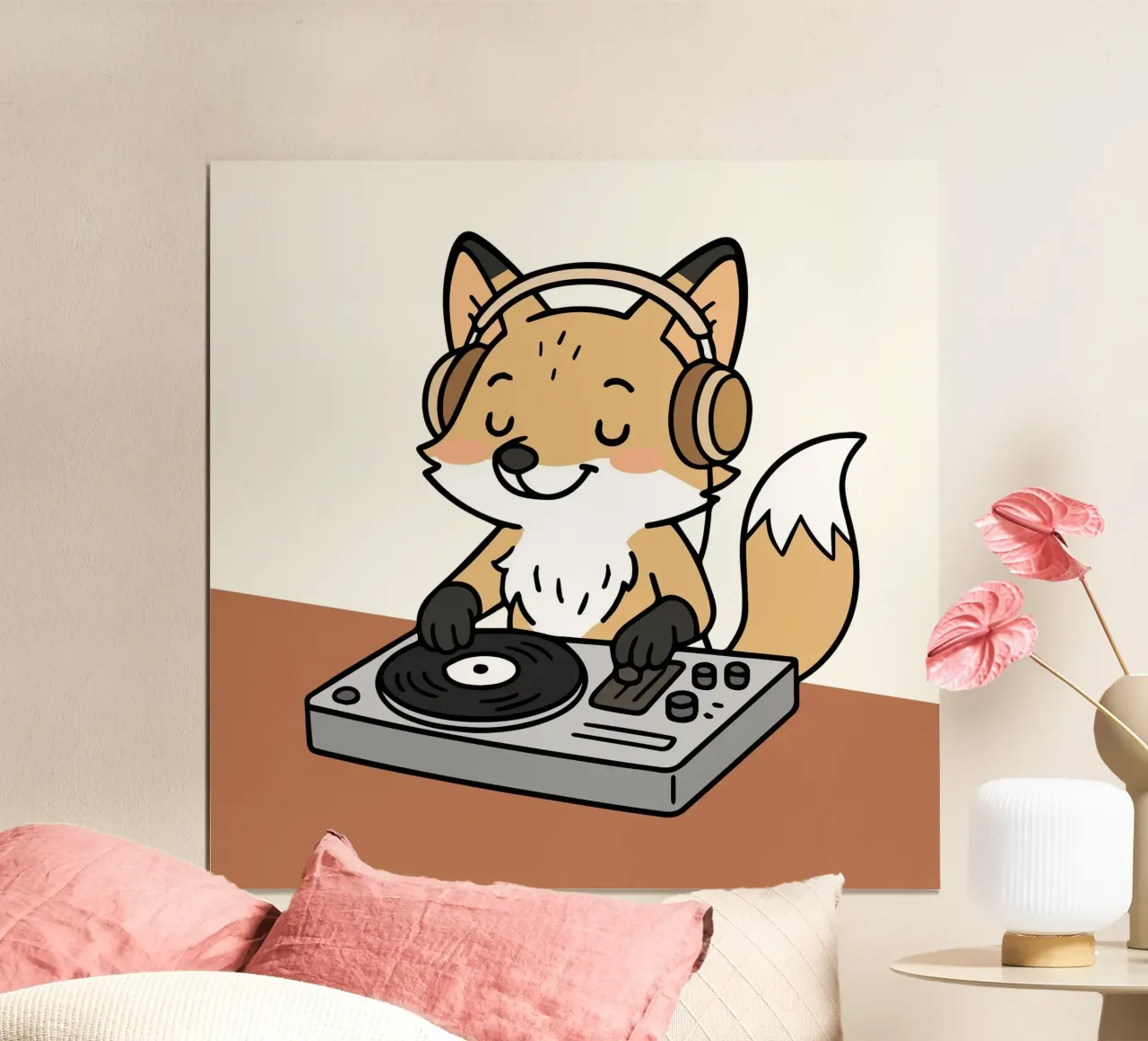 Una volpe come DJ con le cuffie sul banco di mixaggio carta hahnemühle da namosh