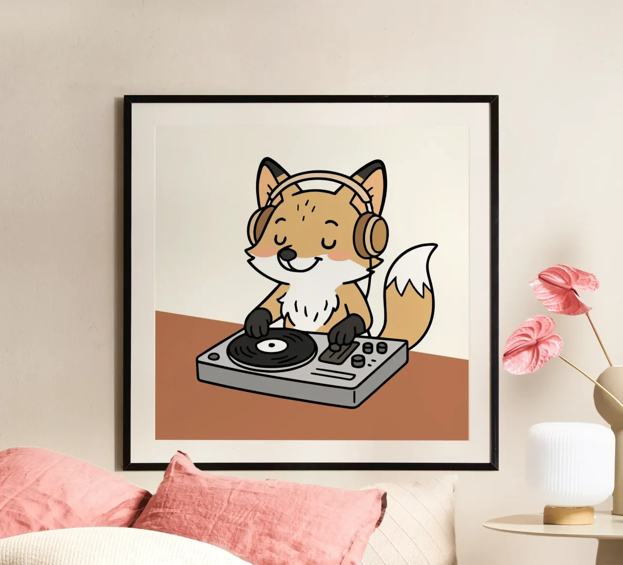 Una volpe come DJ con le cuffie sul banco di mixaggio carta hahnemühle da namosh