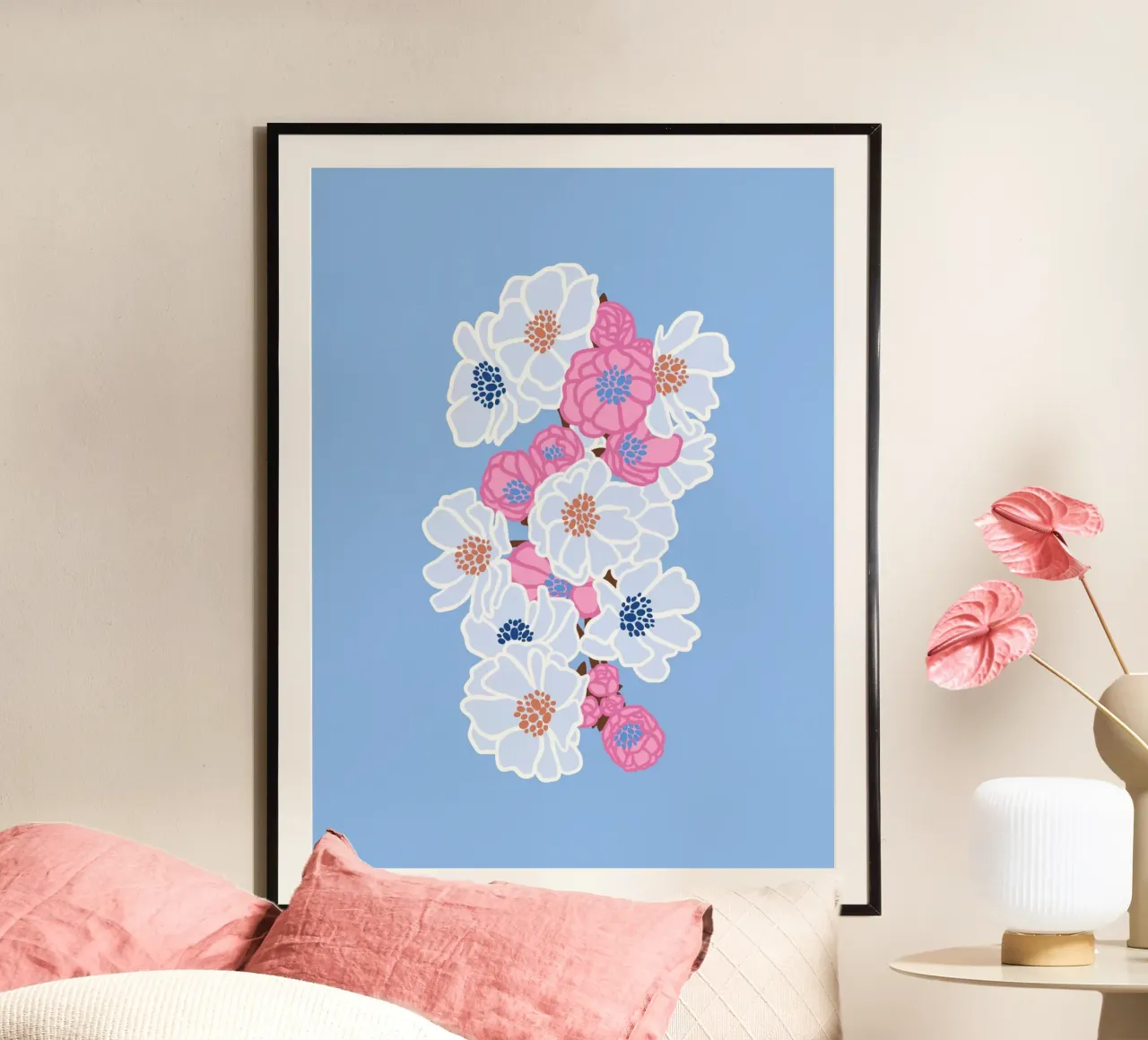 BLOSSOMING (blau) poster con telaio in alluminio da Anastasia Mattern