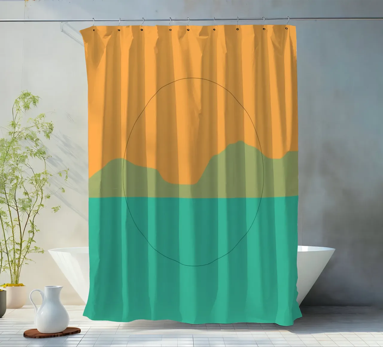 Minimal Arancione e verde paesaggio del tramonto tenda da doccia da Little Dean