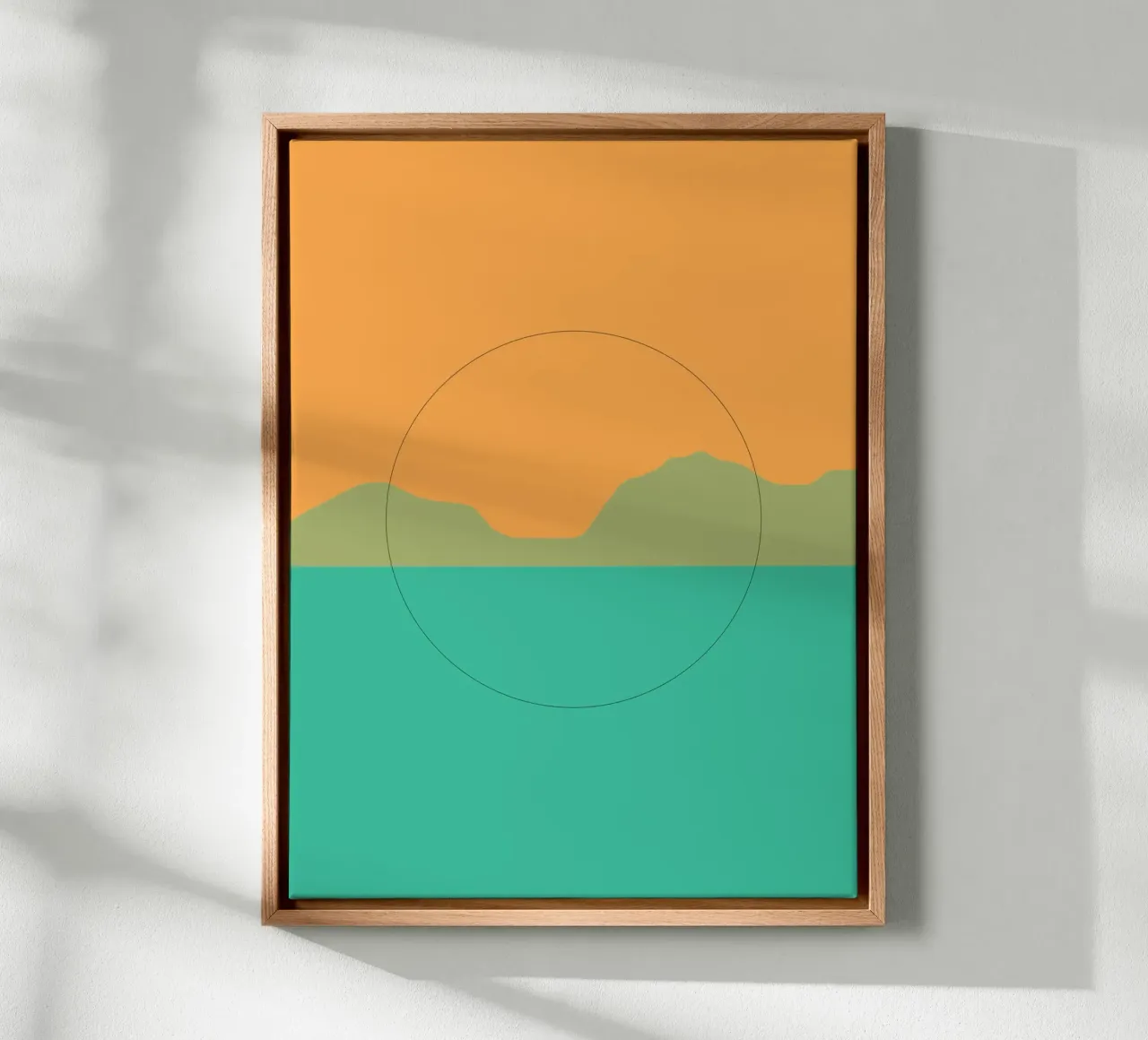 Minimaal oranje en groen landschap met zonsondergang canvas met Baklijst van Little Dean