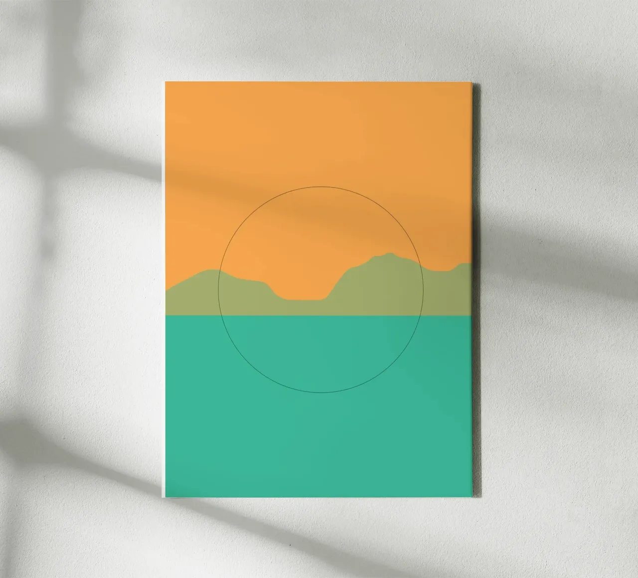 Minimaal oranje en groen landschap met zonsondergang canvas met Baklijst van Little Dean