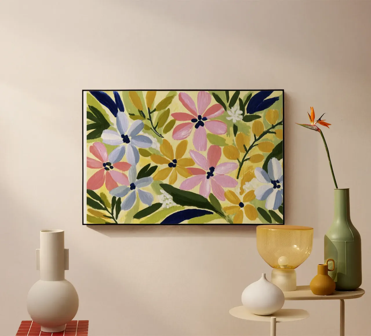Flores abstractas de acrílico amarillo Midcentury Modern Retro Art metacrilato de Modern Muse