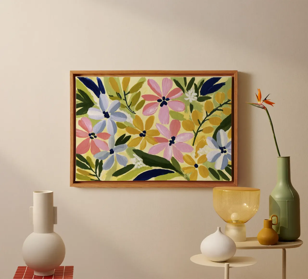 Abstract Acryl Bloemen Geel Midcentury Modern Retro Kunst canvas met Baklijst van Modern Muse