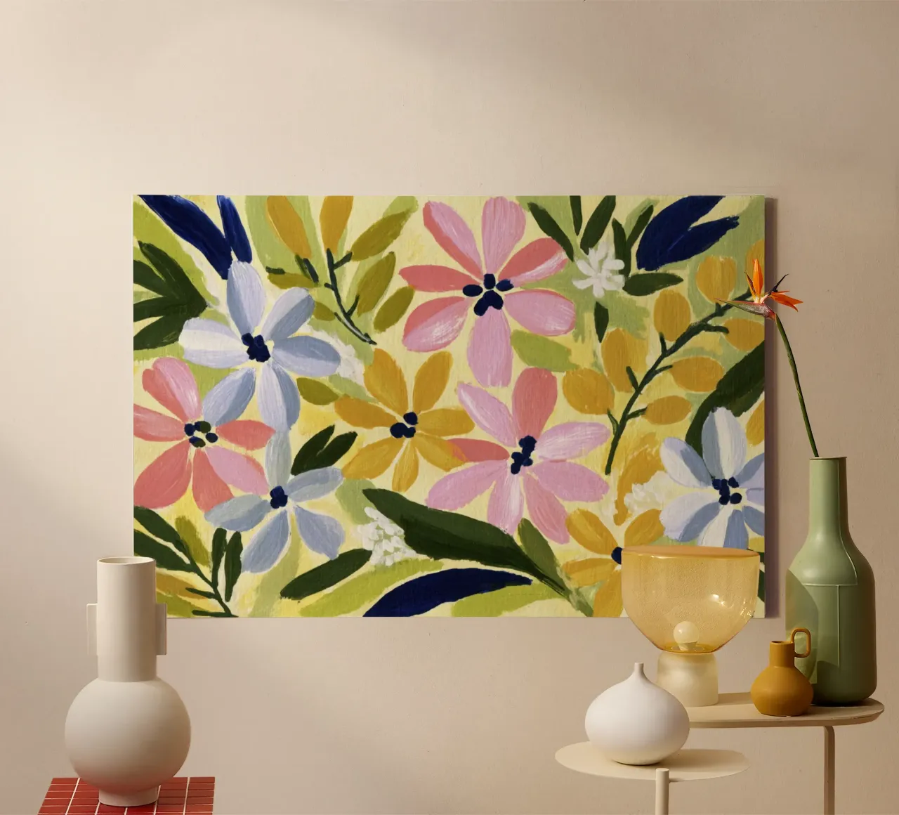 Abstract Acryl Bloemen Geel Midcentury Modern Retro Kunst canvas met Baklijst van Modern Muse