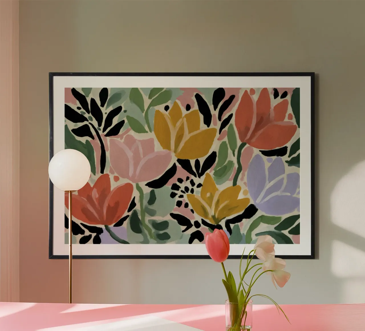 Woodblock Fiori rosa e blu stile Matisse Arte retrò poster con telaio in alluminio da Modern Muse
