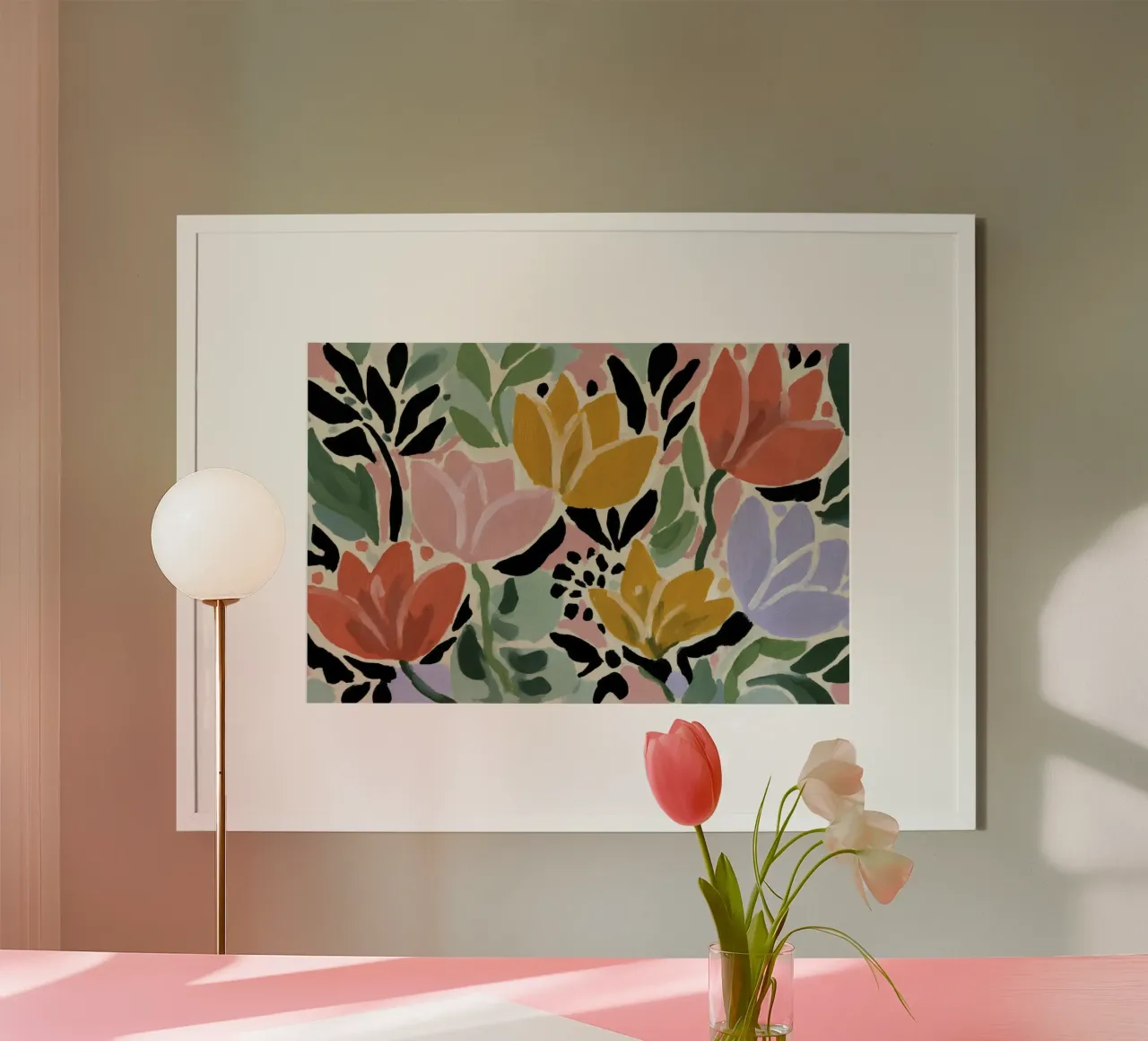 Woodblock Fiori rosa e blu stile Matisse Arte retrò poster con telaio in alluminio da Modern Muse