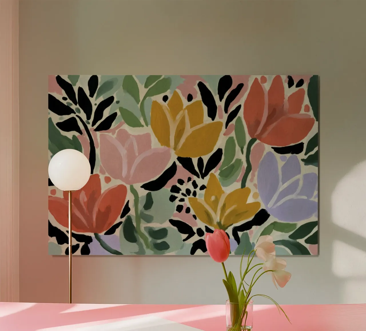 Woodblock Fiori rosa e blu stile Matisse Arte retrò poster con telaio in alluminio da Modern Muse