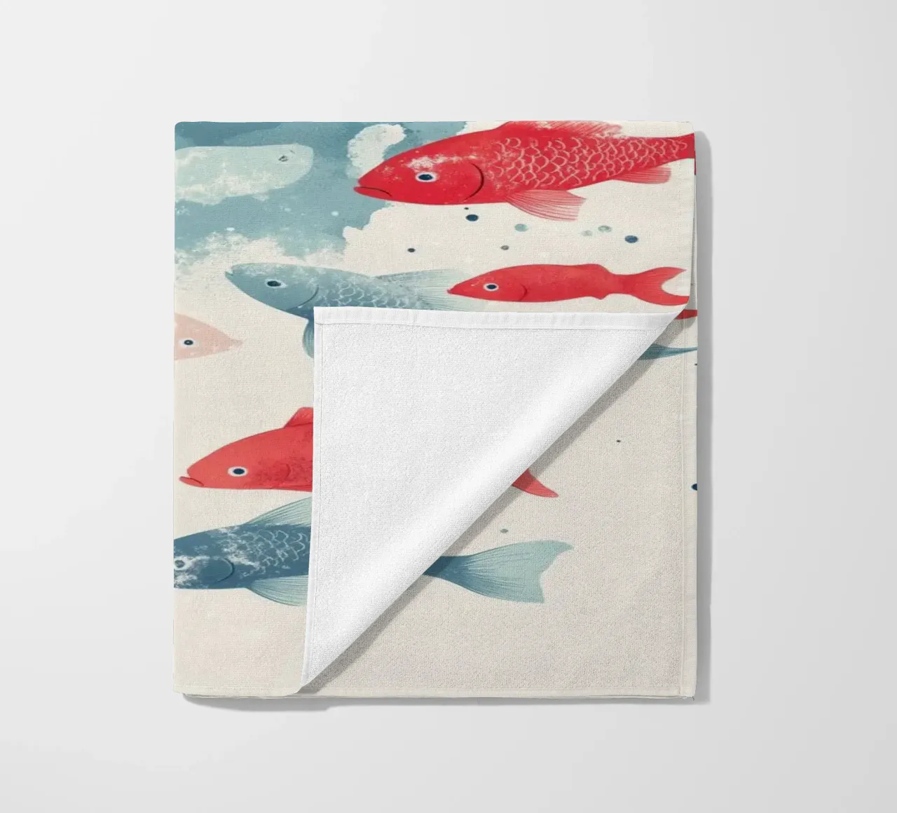 Relaxed polar bear and sparkling fish beach towel by DreamPixel