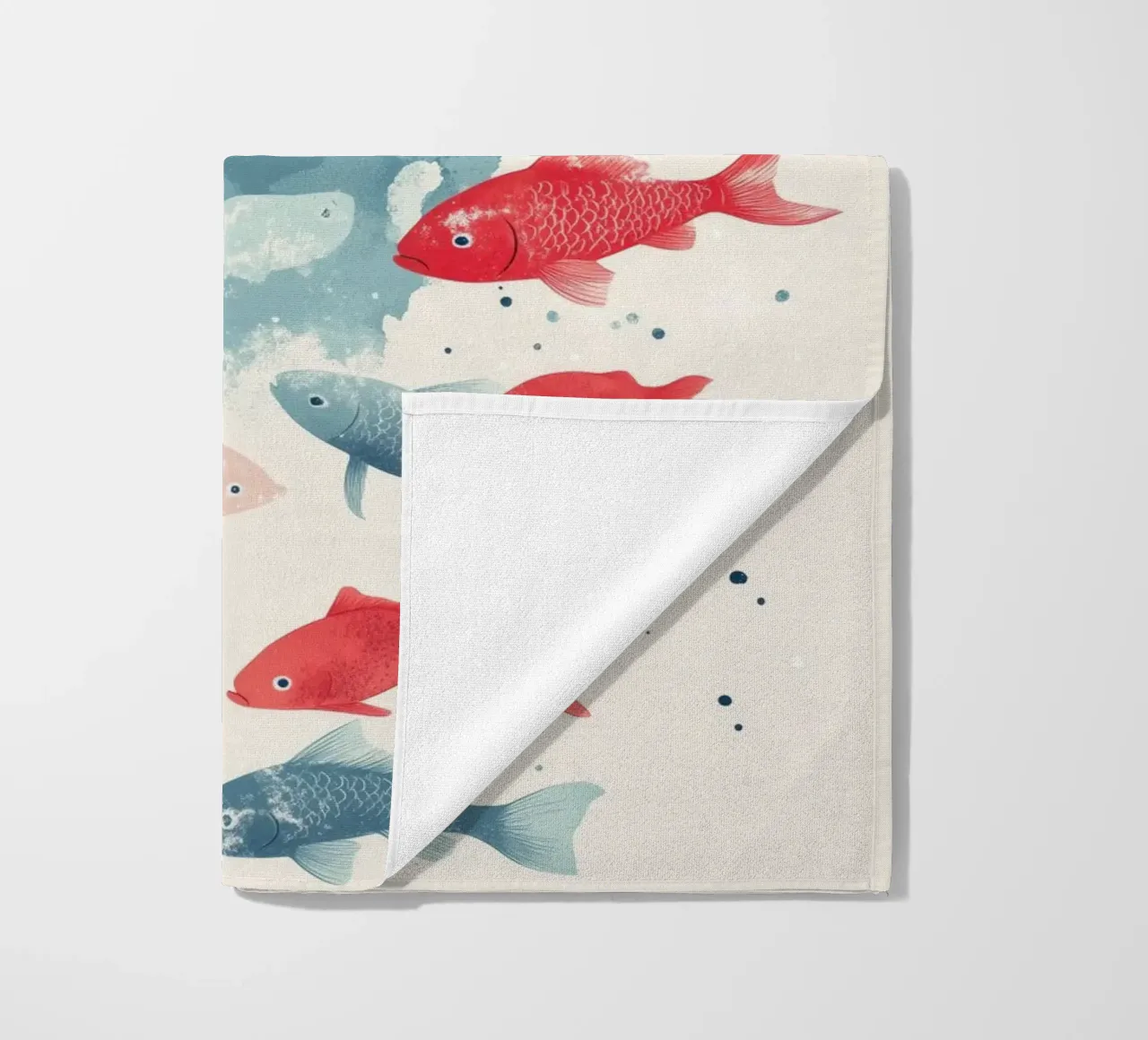 Relaxed polar bear and sparkling fish beach towel by DreamPixel
