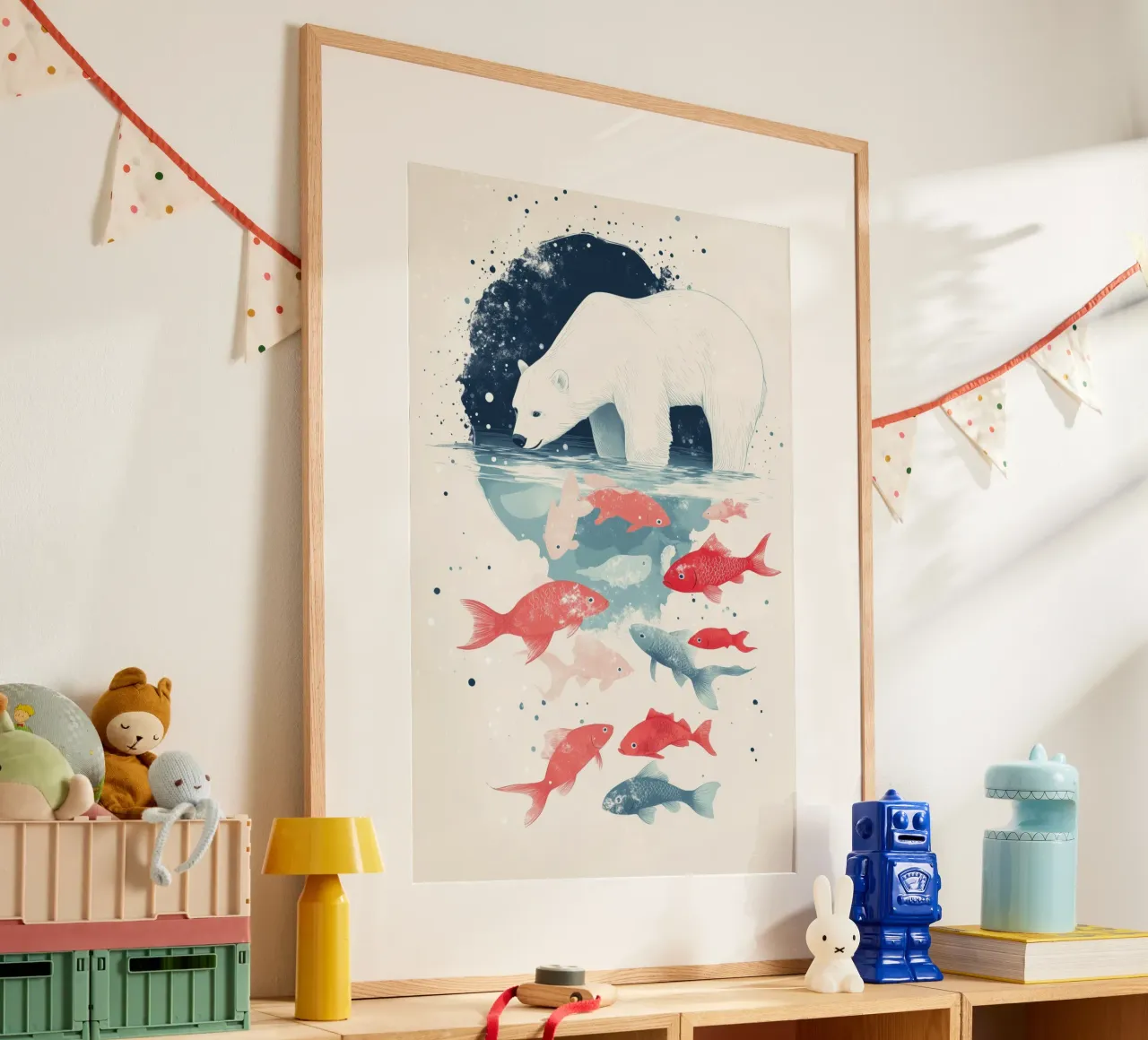 Orso polare rilassato e pesce spumeggiante poster con telaio in legno da DreamPixel