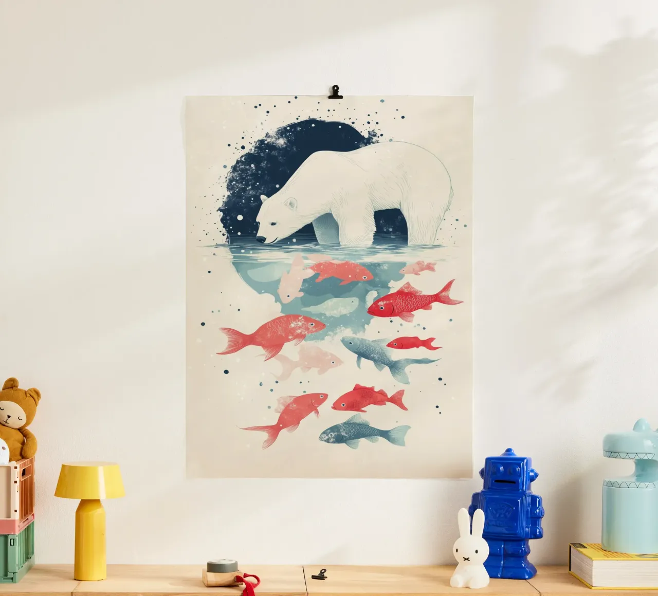 Orso polare rilassato e pesce spumeggiante poster con telaio in legno da DreamPixel