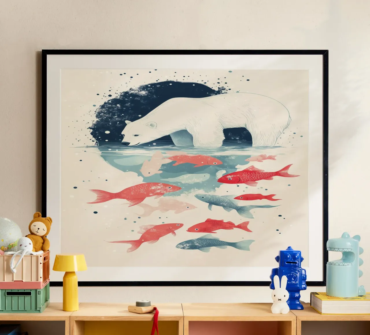 Orso polare rilassato e pesce spumeggiante poster con telaio in legno da DreamPixel