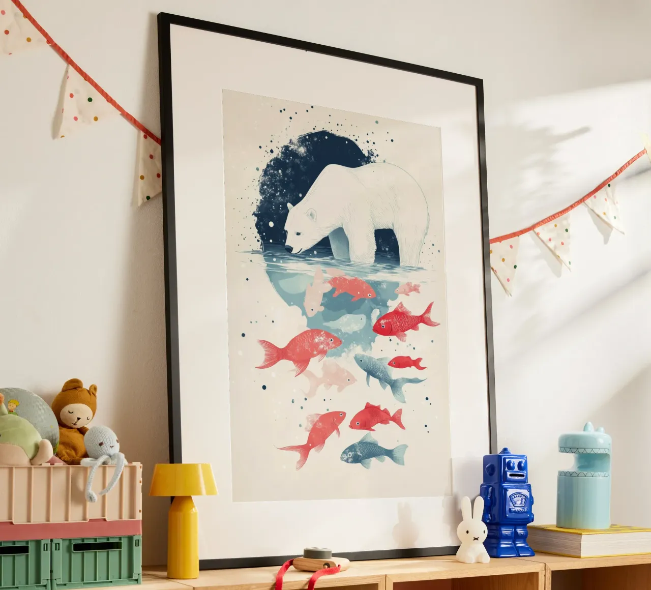 Orso polare rilassato e pesce spumeggiante poster con telaio in legno da DreamPixel