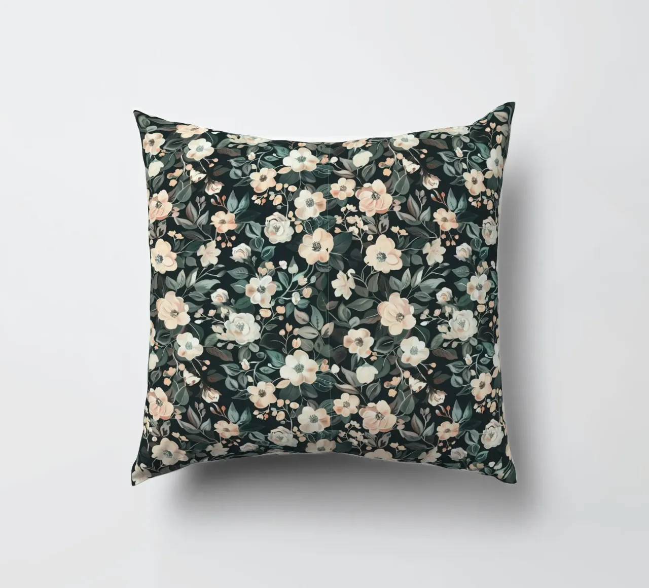 Midnight Garden – Blush & Pine Floral Harmony decorative cushion by Moodwall