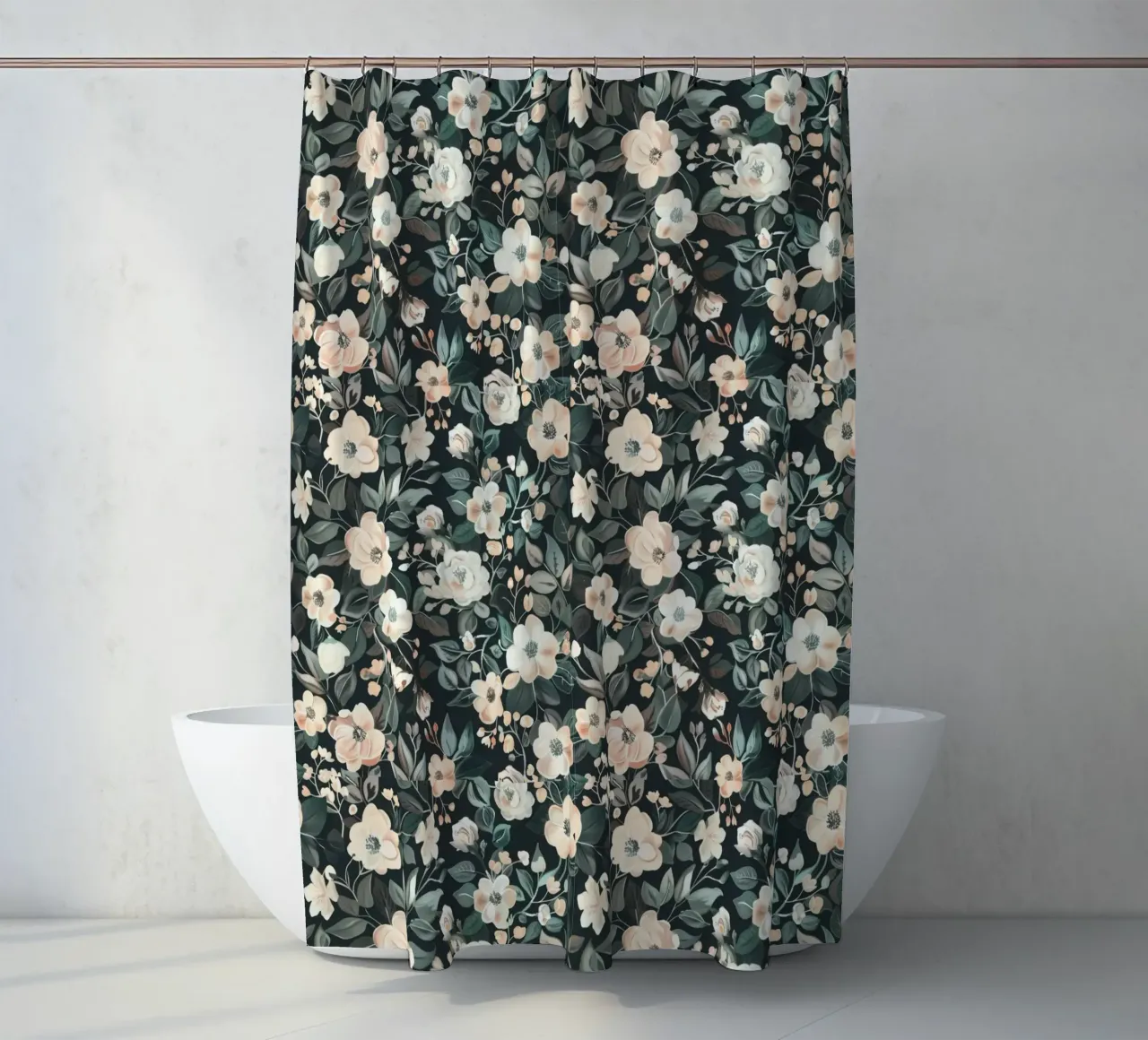 Midnight Garden – Blush & Pine Floral Harmony shower curtain by Moodwall