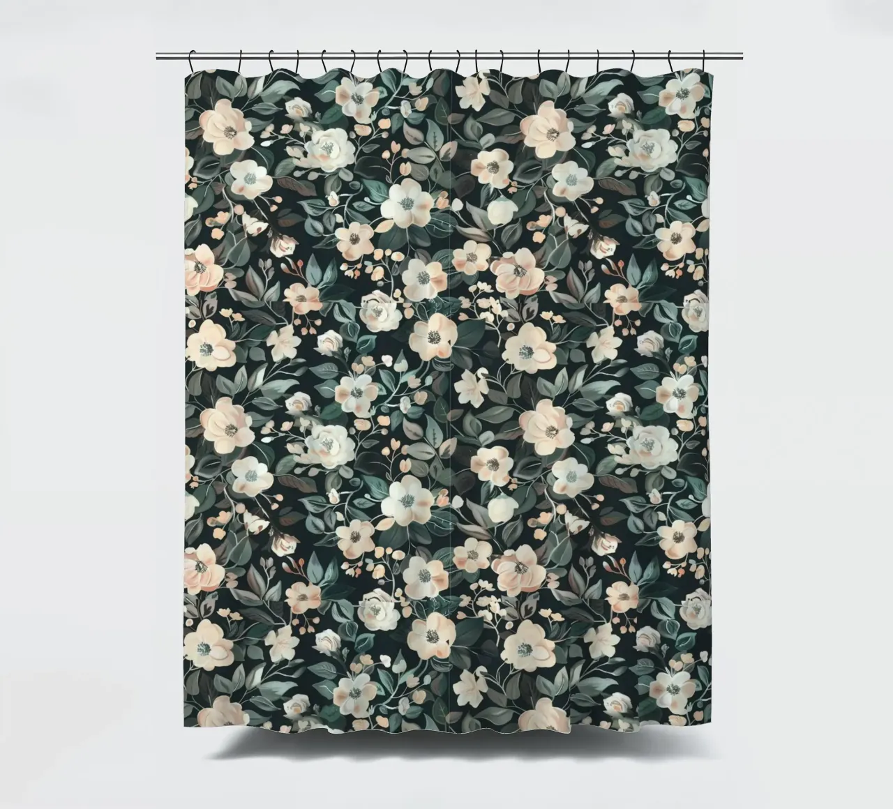 Midnight Garden – Blush & Pine Floral Harmony shower curtain by Moodwall