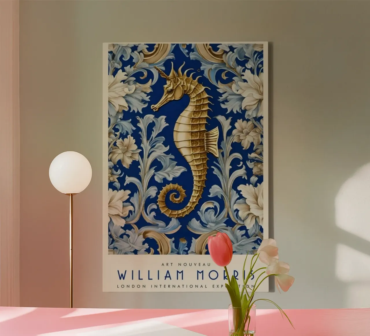 William Morris 3 zeepaardjes canvas met Baklijst van Art In The Sky