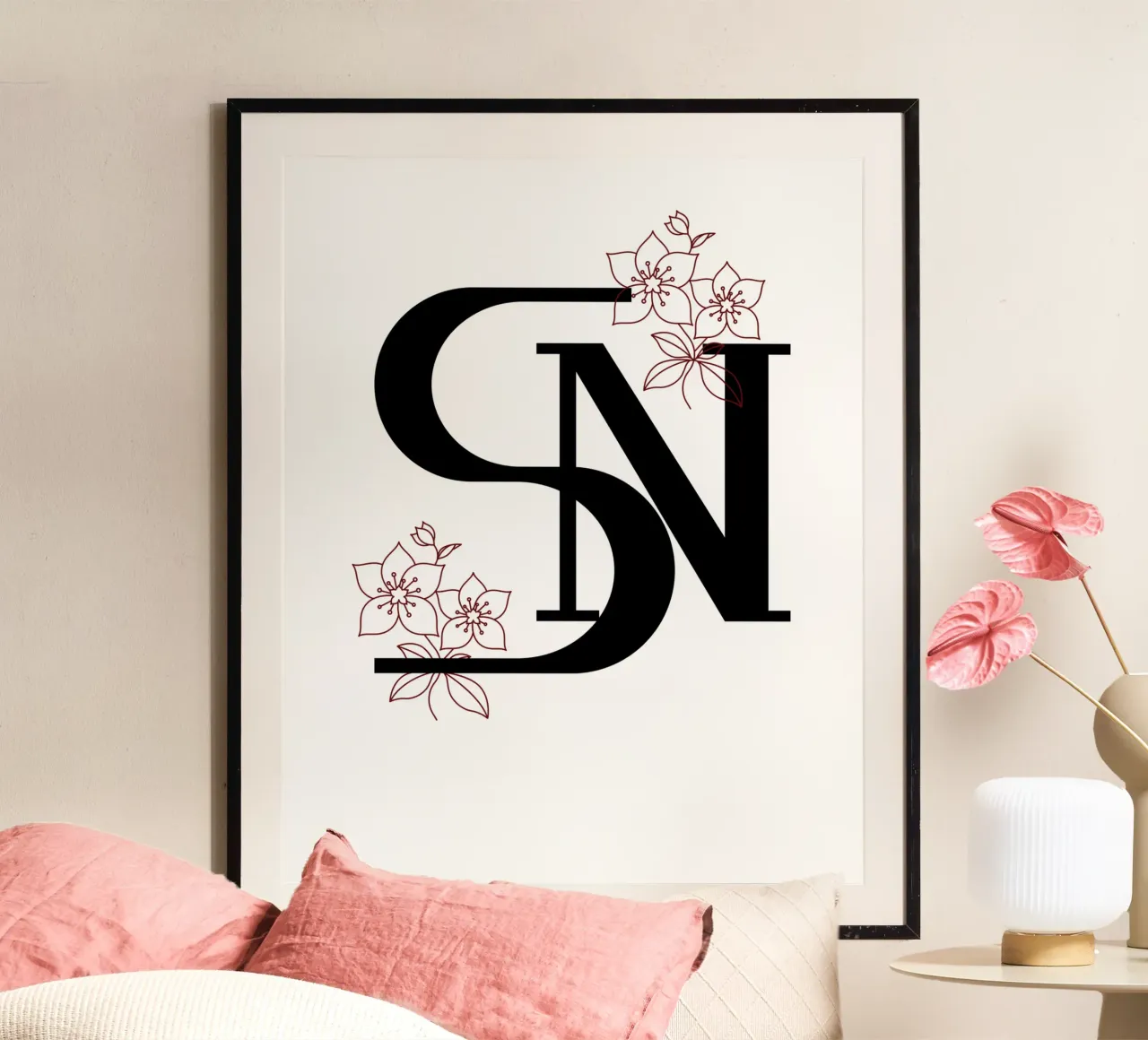 Letter poster S and N - Black monogram with flowers - poster with aluminum frame by StrindesignStudio