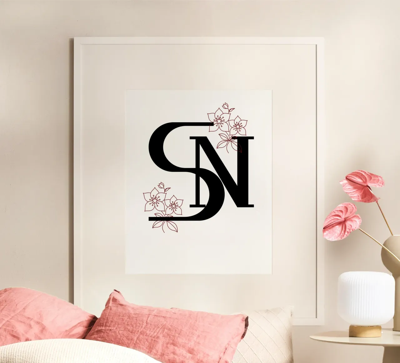 Letter poster S and N - Black monogram with flowers - poster with aluminum frame by StrindesignStudio