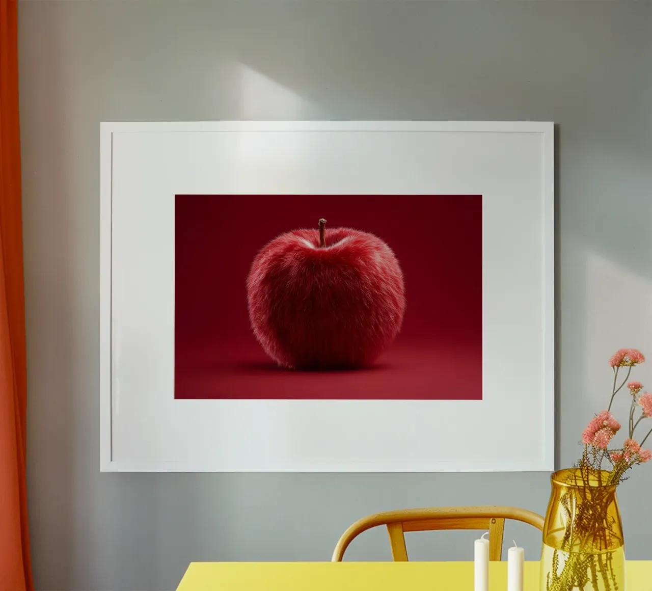 Roter flauschiger Apfel Poster mit Holzrahmen von M-Ulrich-Digital Art
