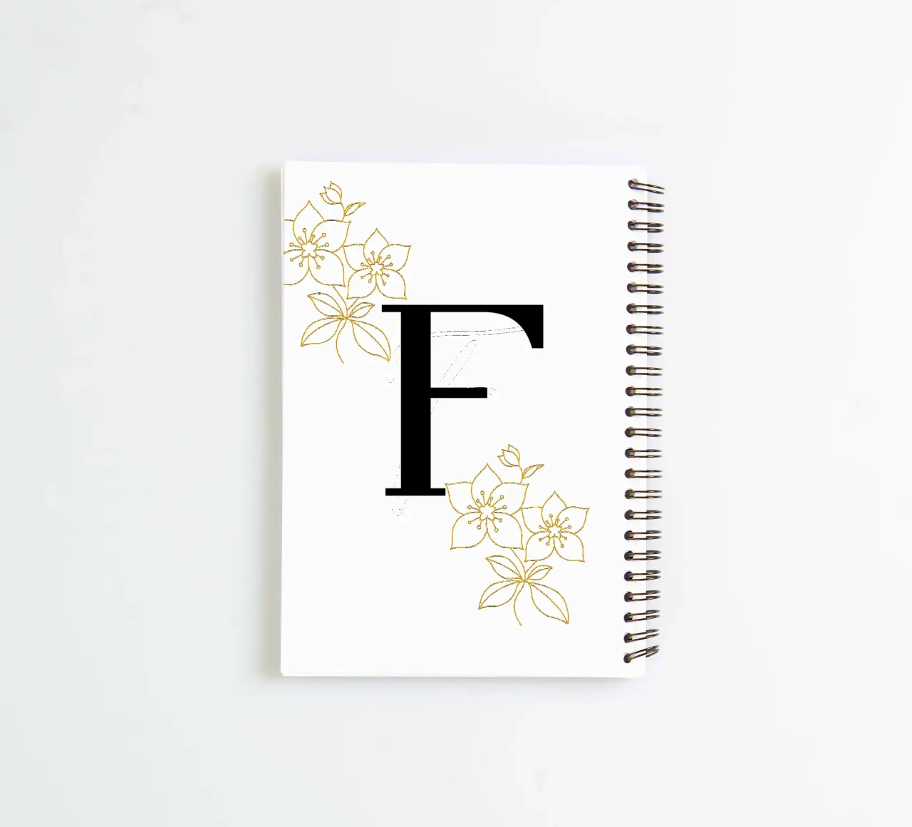 Black letter F - Golden flowers, modern design spiral notebook by StrindesignStudio