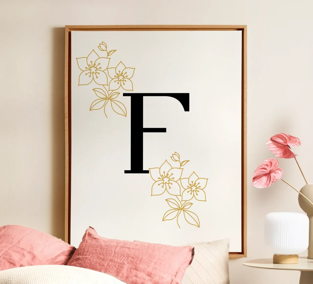 Lettera F nera - Fiori dorati, design moderno tela con Cornice a cassetta da StrindesignStudio