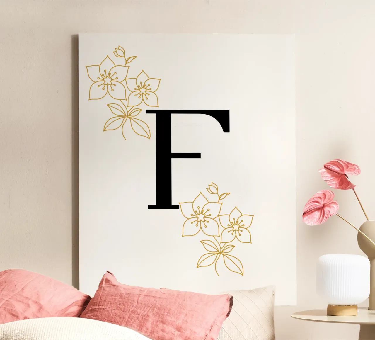 Lettera F nera - Fiori dorati, design moderno tela con Cornice a cassetta da StrindesignStudio