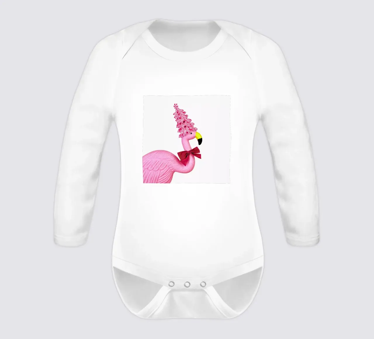 Christmas Flamingo long-sleeve baby romper by Juj Winn