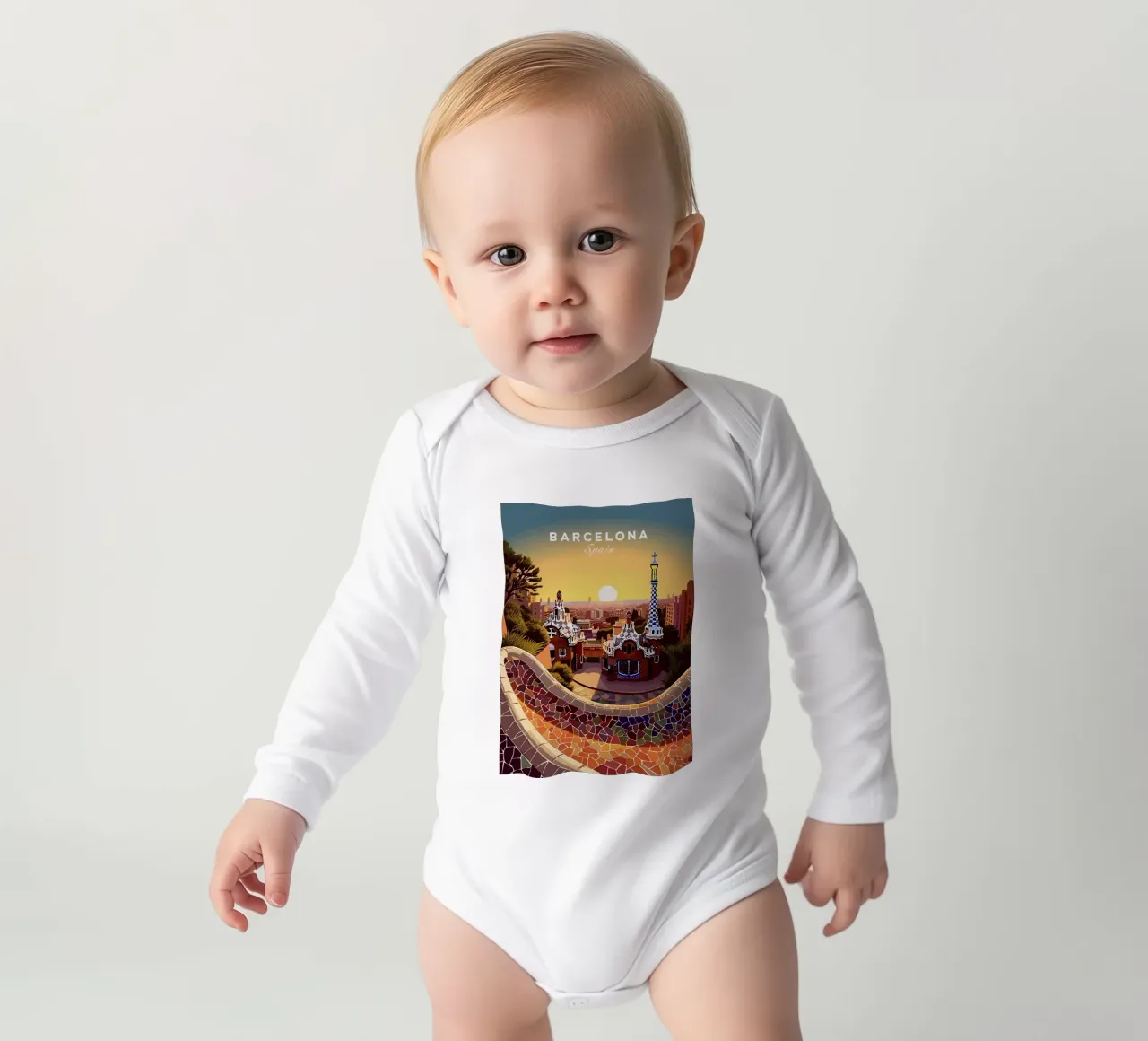 Barcelona Spain long-sleeve baby romper by Alexandra Peack