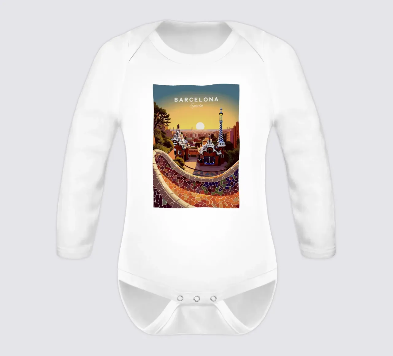 Barcelona Spain long-sleeve baby romper by Alexandra Peack