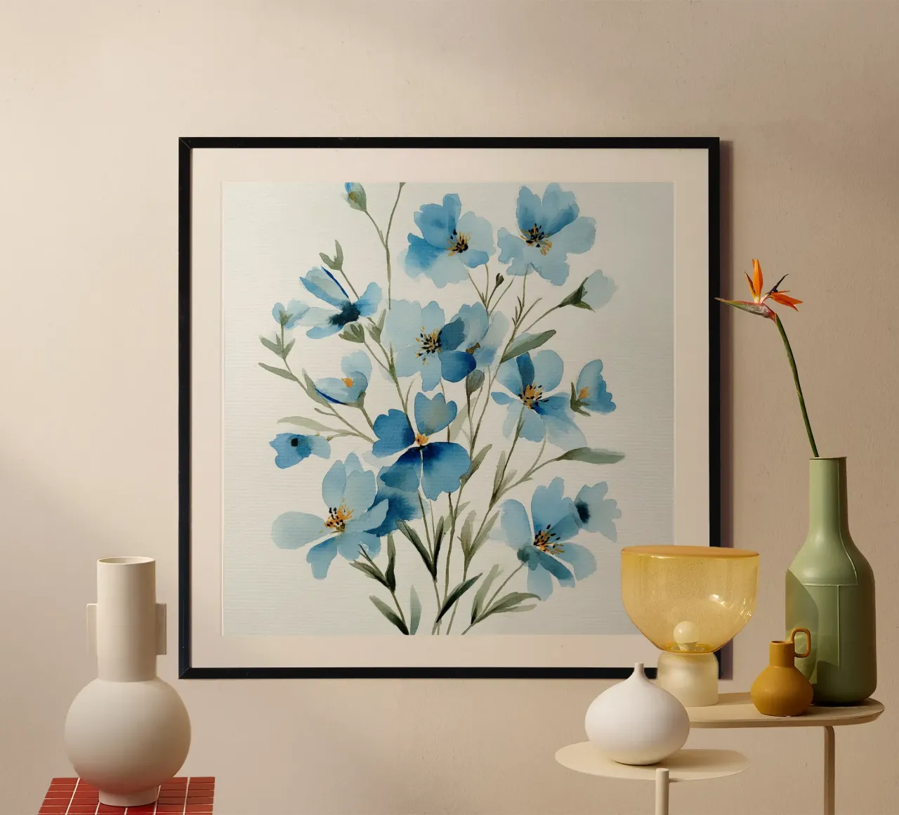 Sussurri di lino blu poster con telaio in legno da Sophia Calder Studio