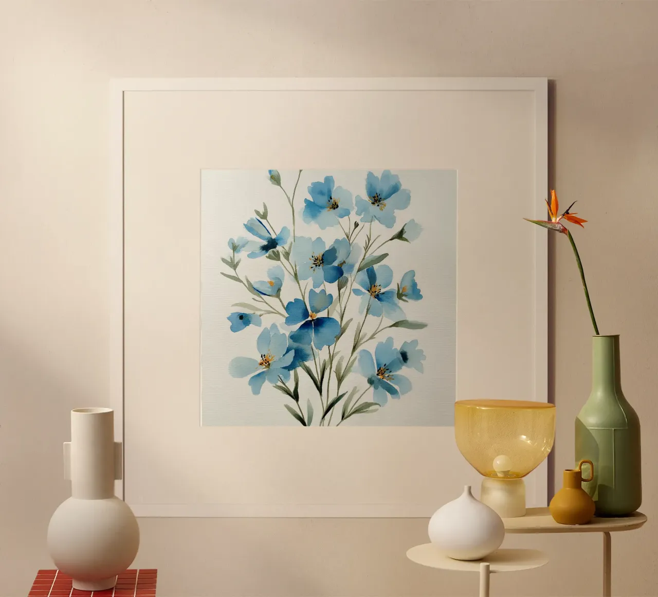 Sussurri di lino blu poster con telaio in legno da Sophia Calder Studio