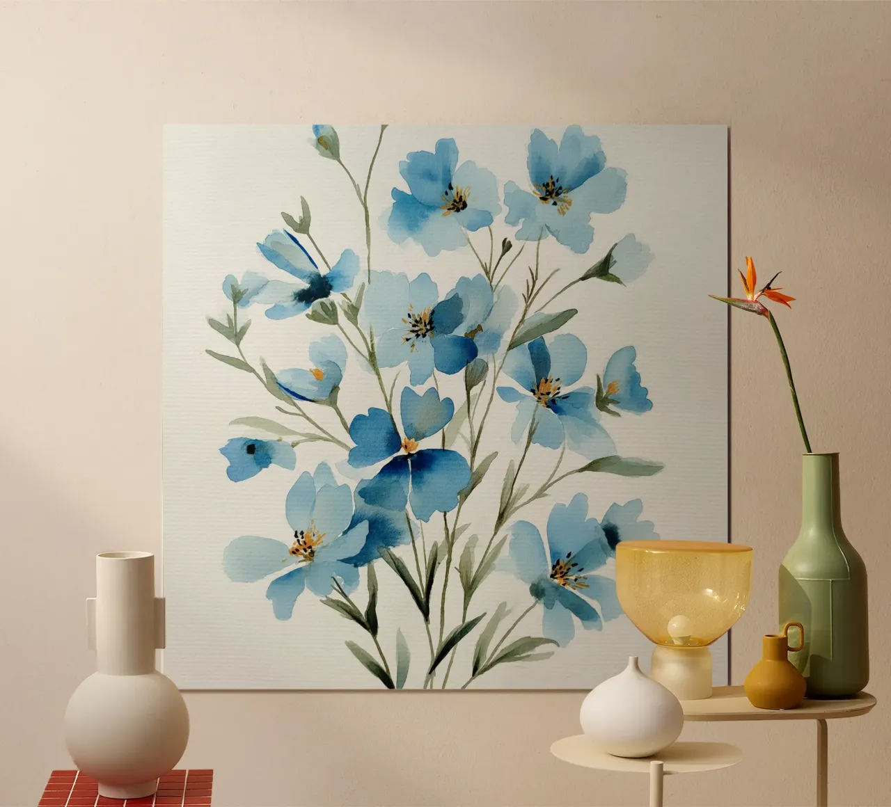Sussurri di lino blu poster con telaio in legno da Sophia Calder Studio