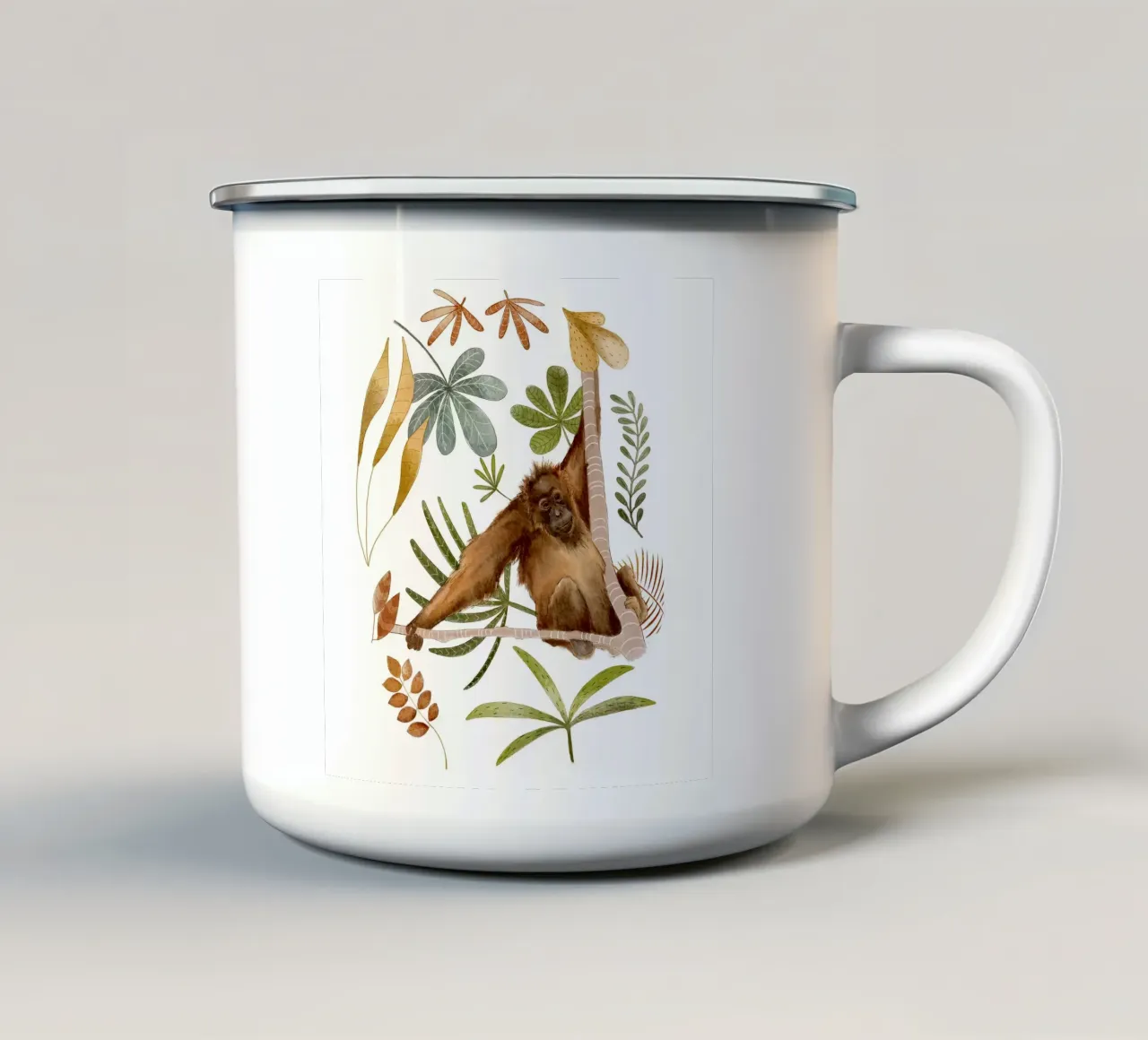 Orang-outan dans la jungle - Aquarelle botanique mug en émail de Urchin Bay Art