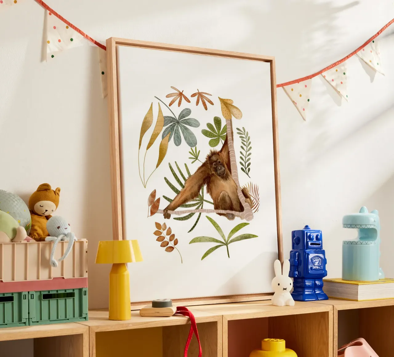 Orang-oetan in de jungle - Botanische aquarelafdruk canvas met Baklijst van Urchin Bay Art