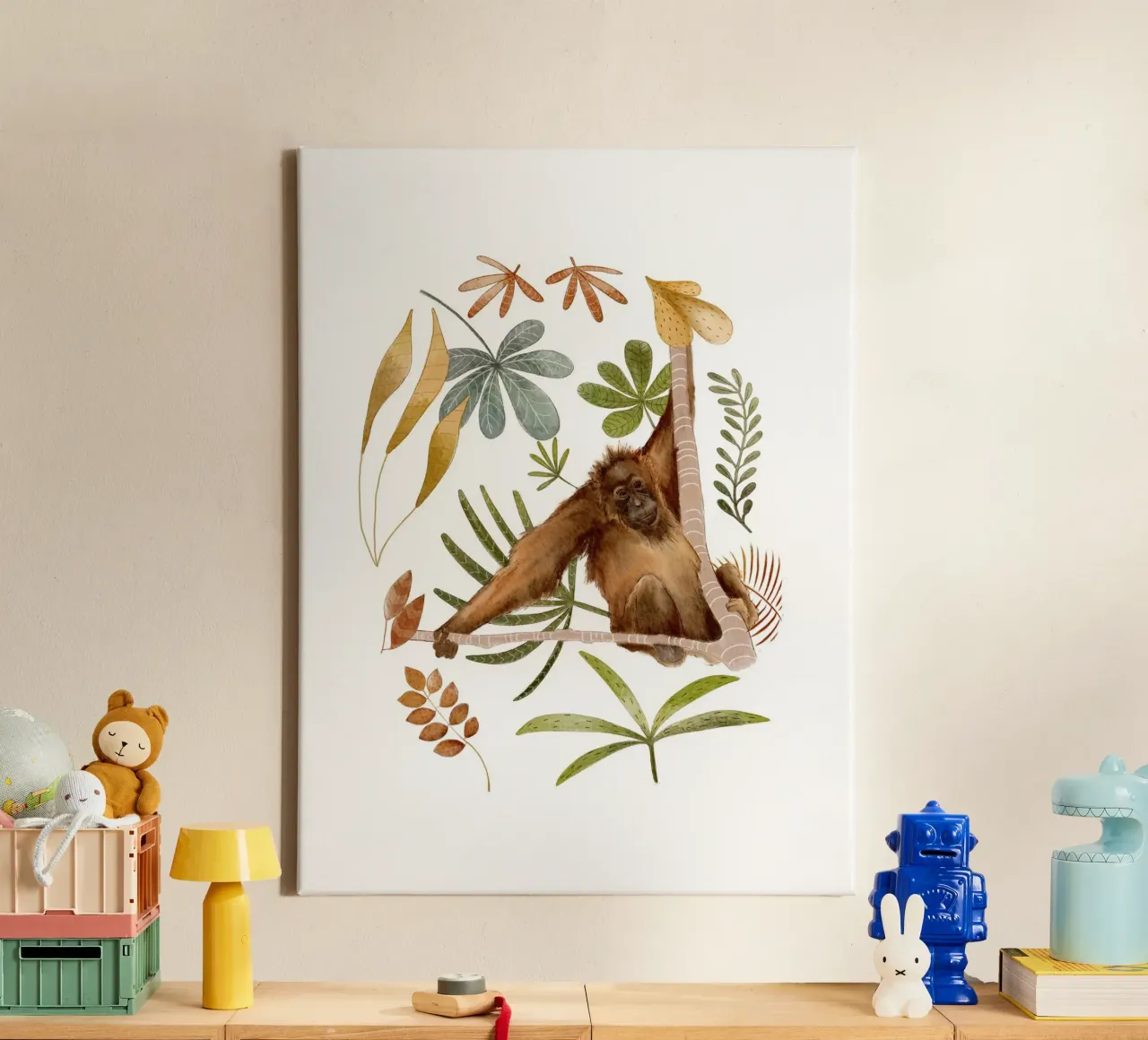 Orang-oetan in de jungle - Botanische aquarelafdruk canvas met Baklijst van Urchin Bay Art