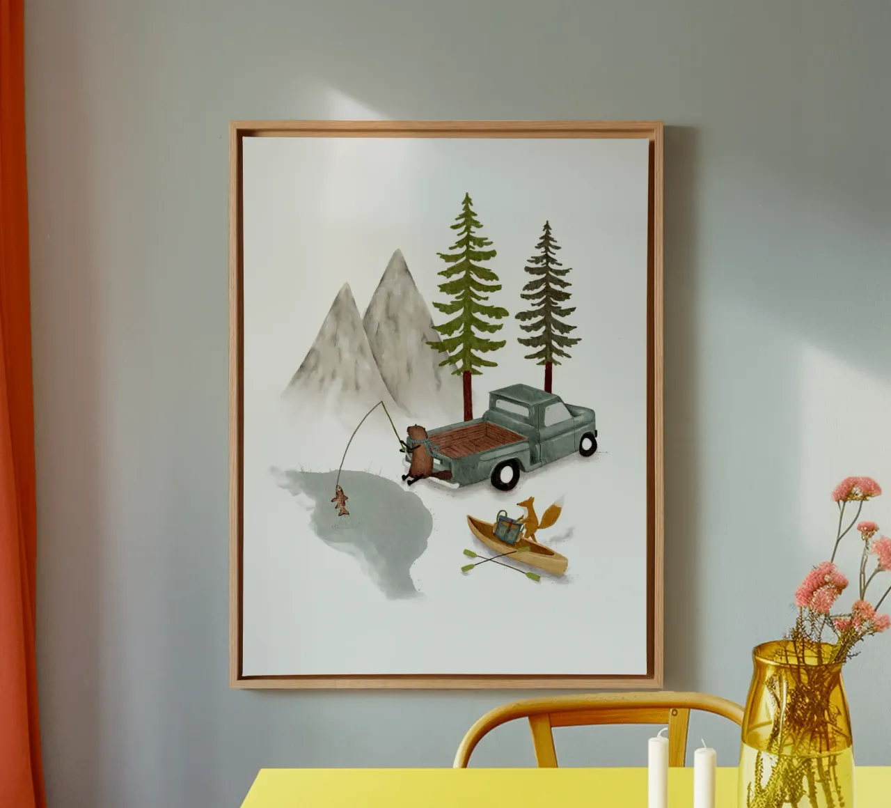 Avventura in Oregon - Pesca con gli animali della foresta e canoa Prin tela con Cornice a cassetta da Urchin Bay Art