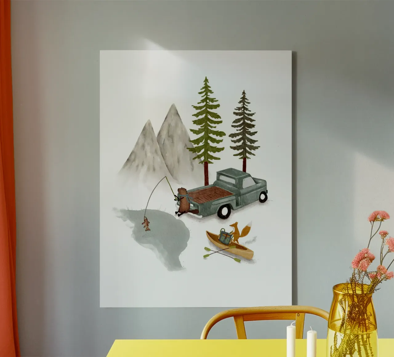 Avventura in Oregon - Pesca con gli animali della foresta e canoa Prin tela con Cornice a cassetta da Urchin Bay Art