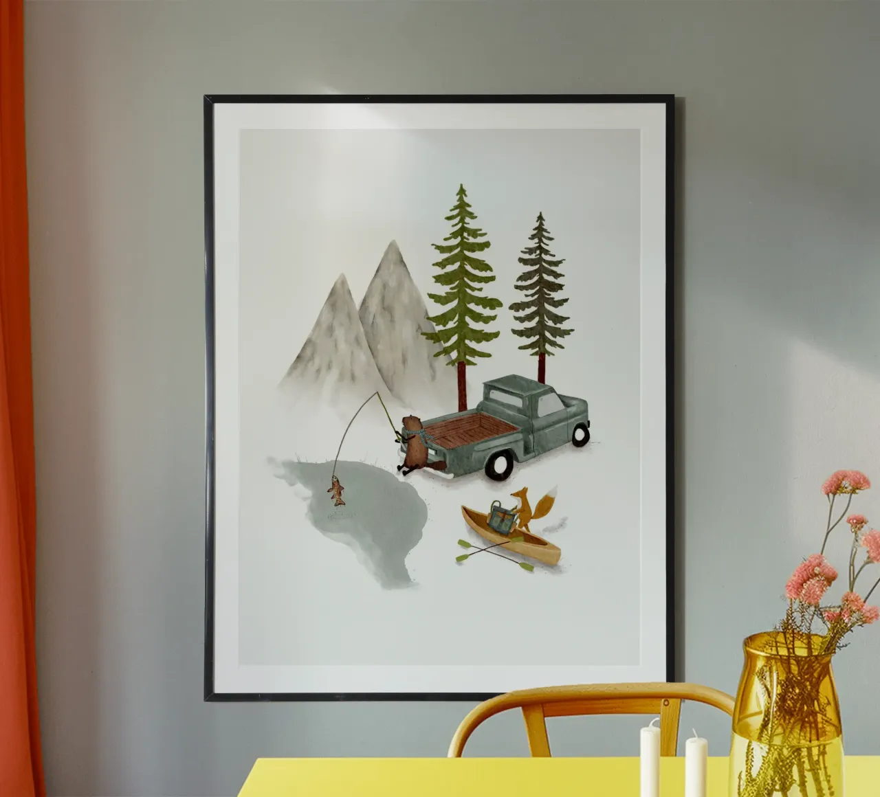 Avventura in Oregon - Pesca con gli animali della foresta e canoa Prin carta hahnemühle da Urchin Bay Art