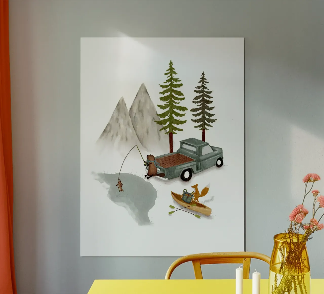 Avventura in Oregon - Pesca con gli animali della foresta e canoa Prin carta hahnemühle da Urchin Bay Art