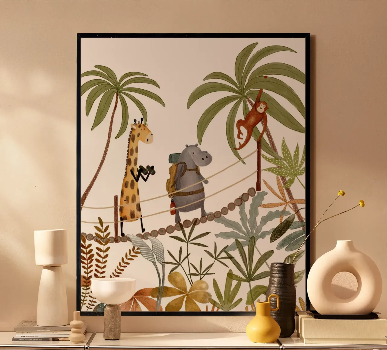 Trekking dans les arbres - Animaux de la jungle sur un pont d'aventure poster avec cadre en plastique de Urchin Bay Art
