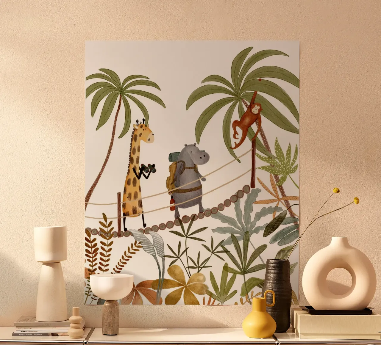 Trekking dans les arbres - Animaux de la jungle sur un pont d'aventure poster avec cadre en plastique de Urchin Bay Art