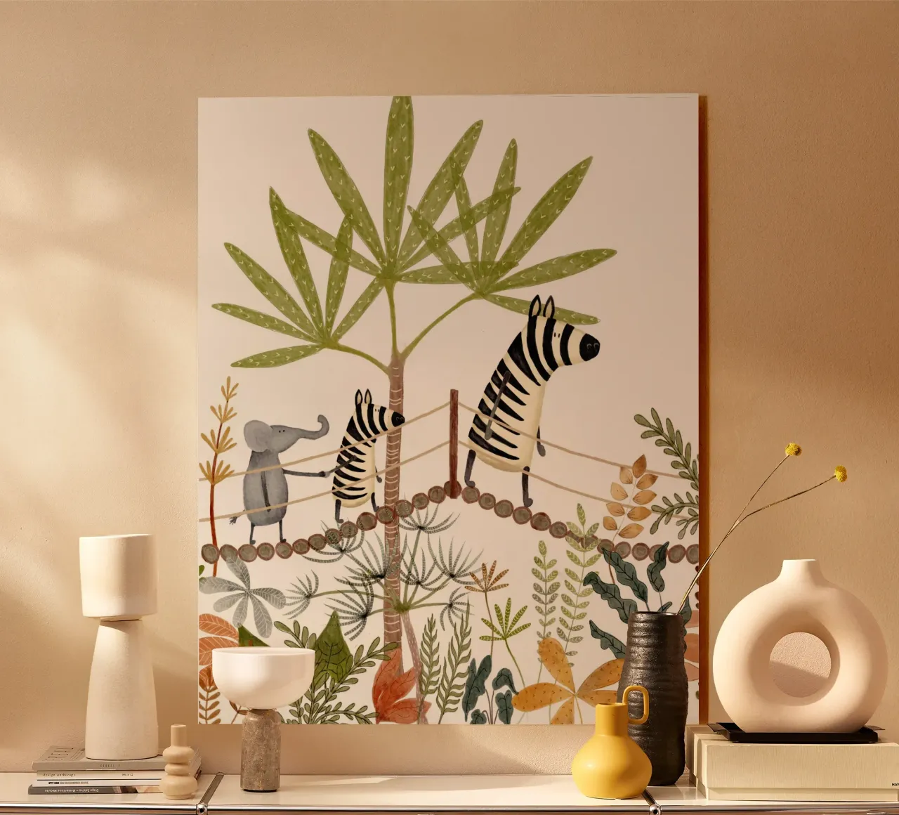 Passeggiata nella giungla - Zebre ed elefanti su un ponte di corda plexiglass da Urchin Bay Art