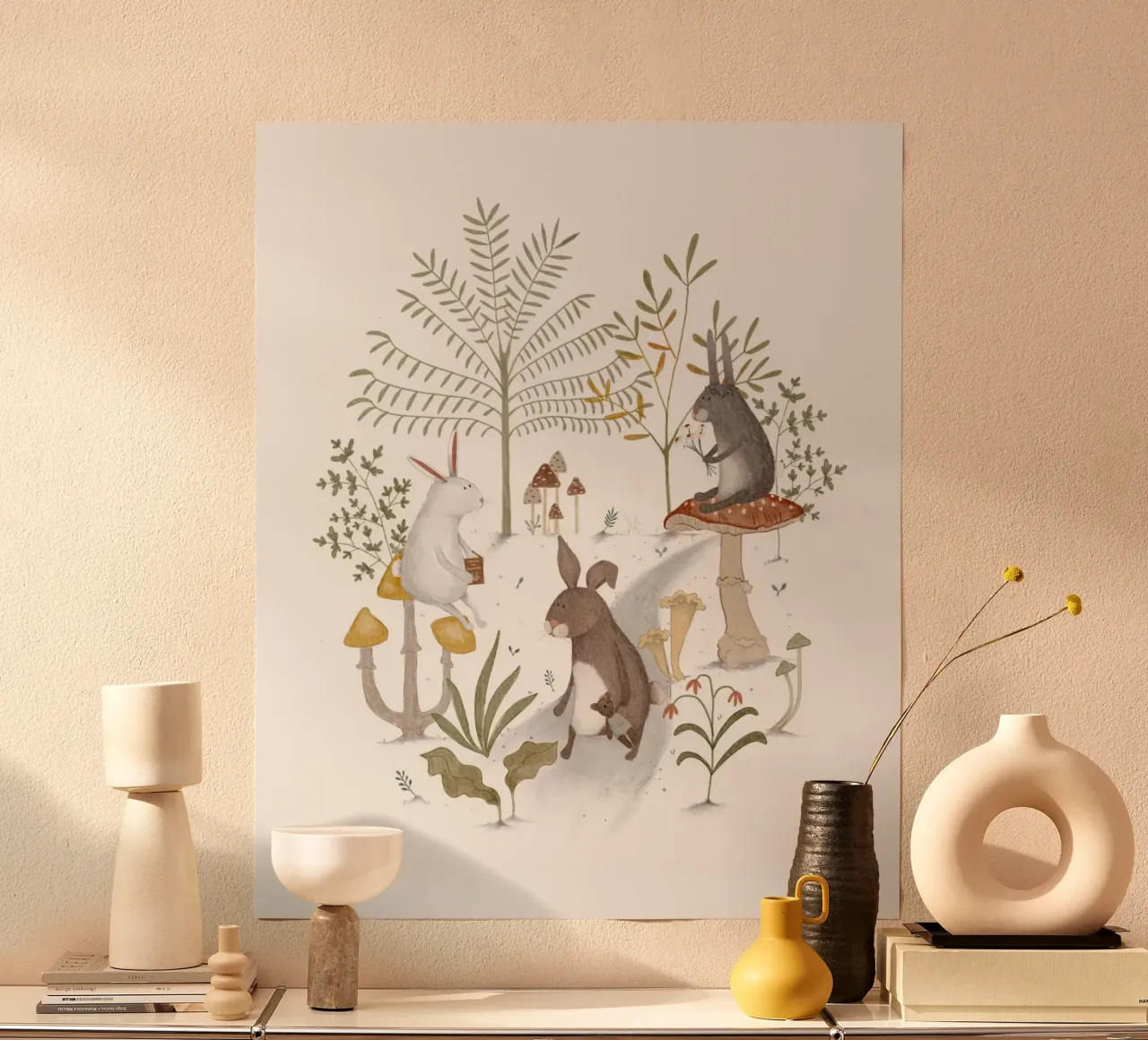 Raduno nel bosco - Amici coniglietti tra i funghi carta hahnemühle da Urchin Bay Art