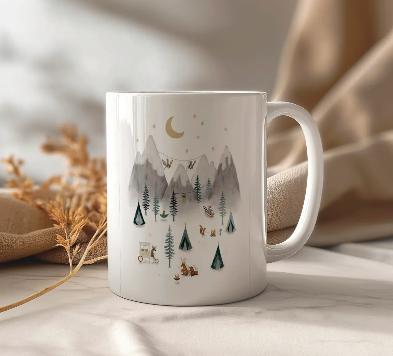 Winter Woodland Camping Adventure ceramic mug by Urchin Bay Art