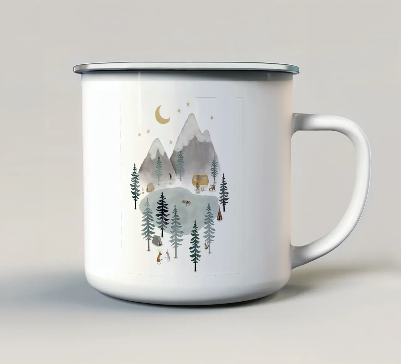 Moonlit Mountain Camp at the Lake enamel mug by Urchin Bay Art