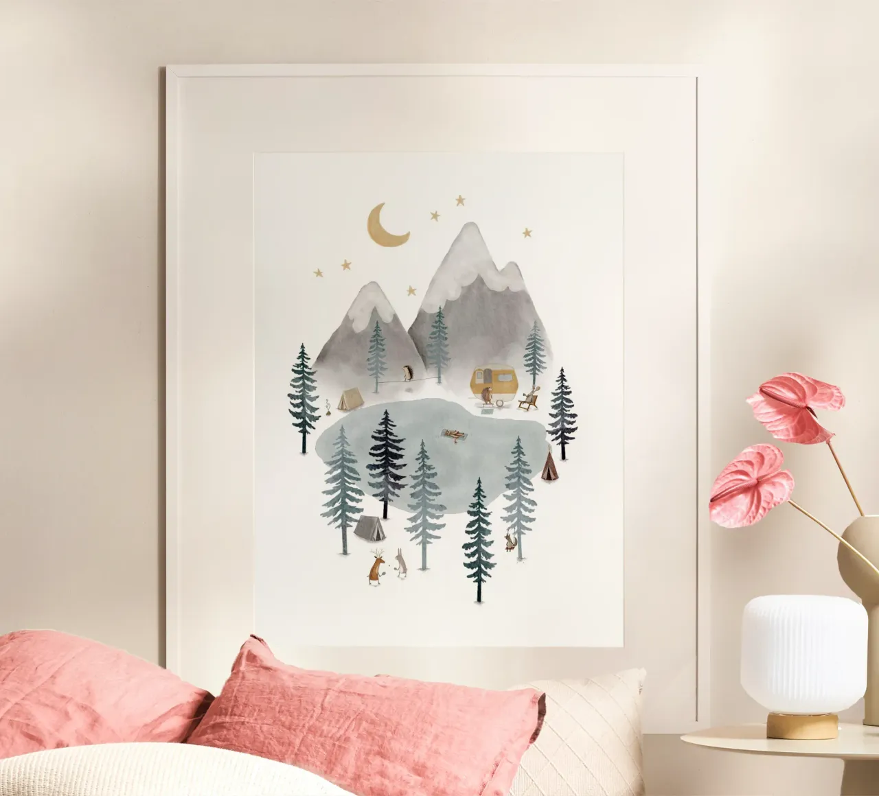 Moonlit Mountain Camp at the Lake poster by Urchin Bay Art